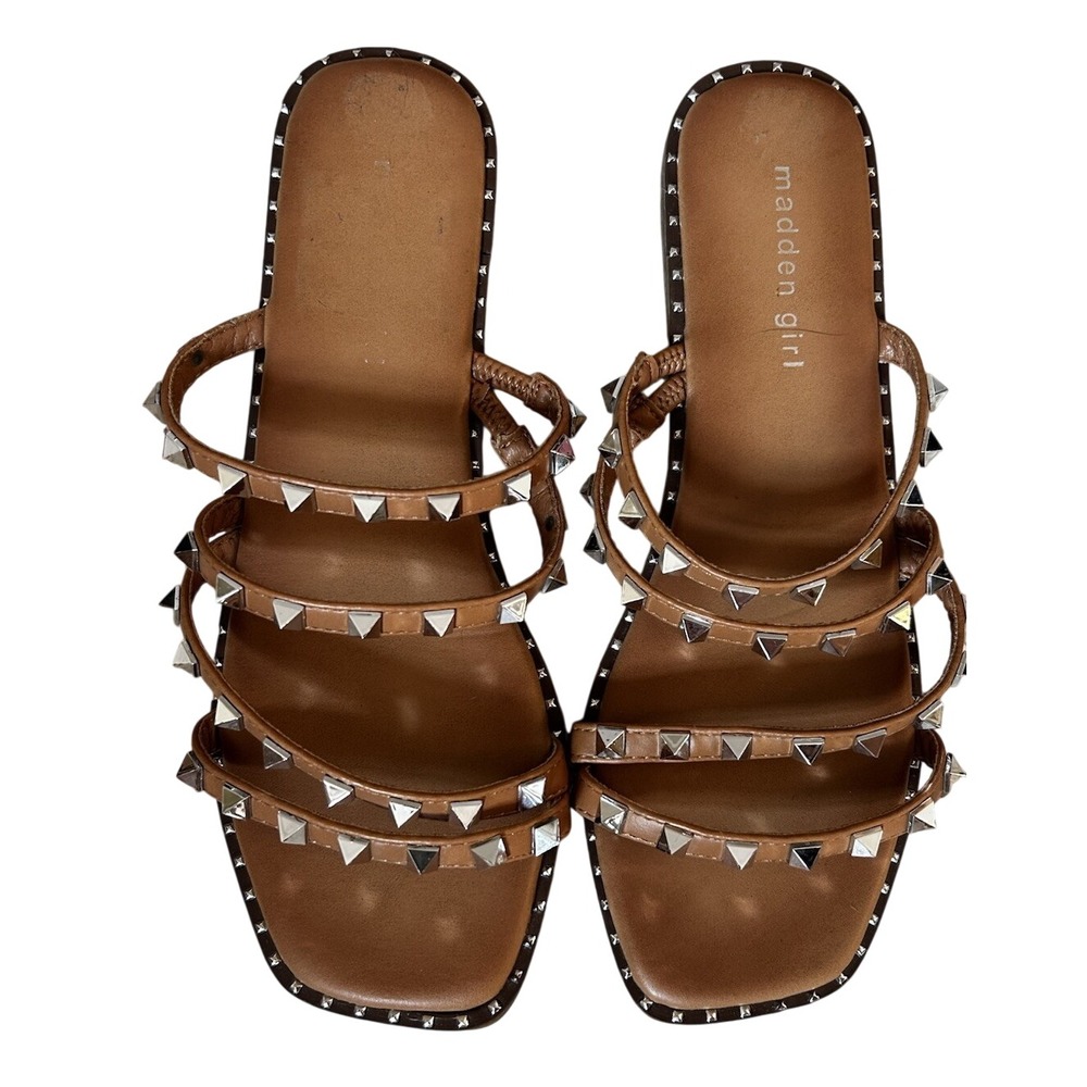 Madden Girl Cognac Brown Studded‎ Multi Strap Flat Slide Sandals Womens 8.5